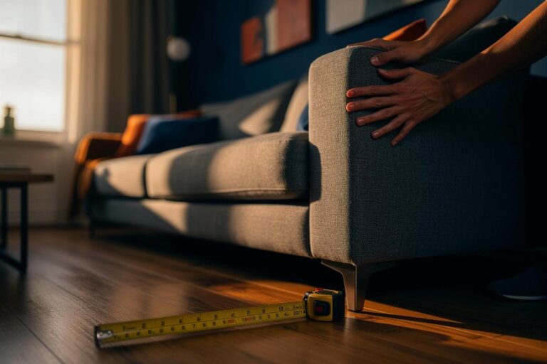 Illustration von einer Person, die ein Sofa minimal von einer Wand wegschiebt, während ein Maßband die präzise Verschiebung um zwei Zentimeter anzeigt.
