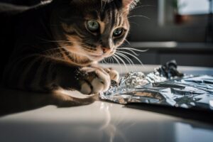 Illustration von einer neugierigen Katze, die vorsichtig eine Pfote auf eine ausgebreitete, raschelnde Alufolie auf einer Küchentheke setzt.