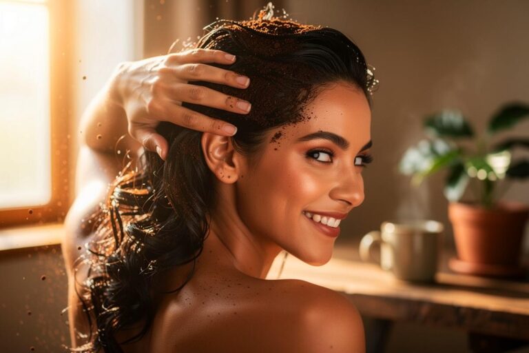 Illustration von einer Person, die Kaffeesatz aus einer Tasse als Conditioner in ihr Haar einmassiert, während im Hintergrund eine Kaffeepflanze und Haarpflege-Symbole zu sehen sind.