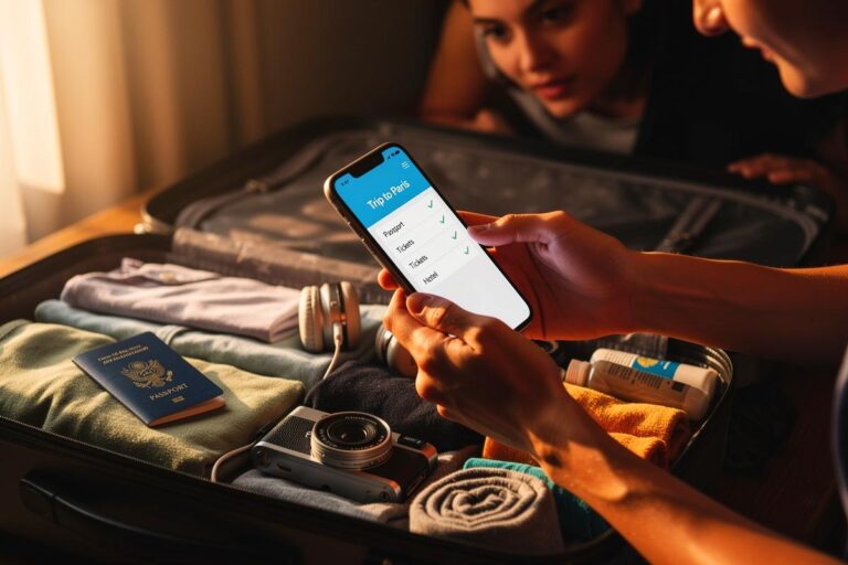 Illustration von einer Person, die vor einem gepackten, geöffneten Koffer ihr Smartphone hält, um ein Foto vom Inhalt zu machen.