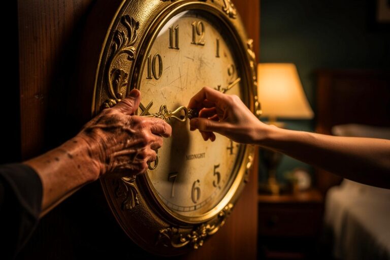 Illustration von zwei Händen, die den Zeiger einer analogen Wanduhr bei Mitternacht erst auf 23 Uhr und dann auf 22 Uhr zurückdrehen.