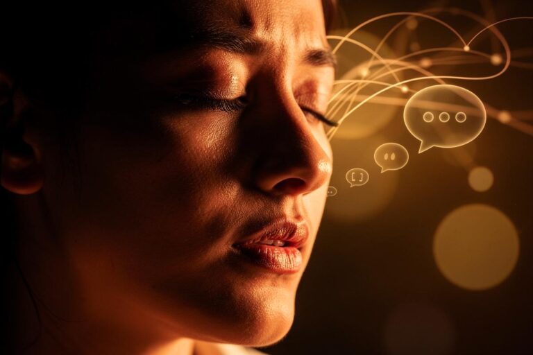 Illustration einer Person, die bewusst die Augen schließt und öffnet, während Gedankenblasen mit Symbolen für Pause, Gehirnaktivität und Kommunikation entstehen.