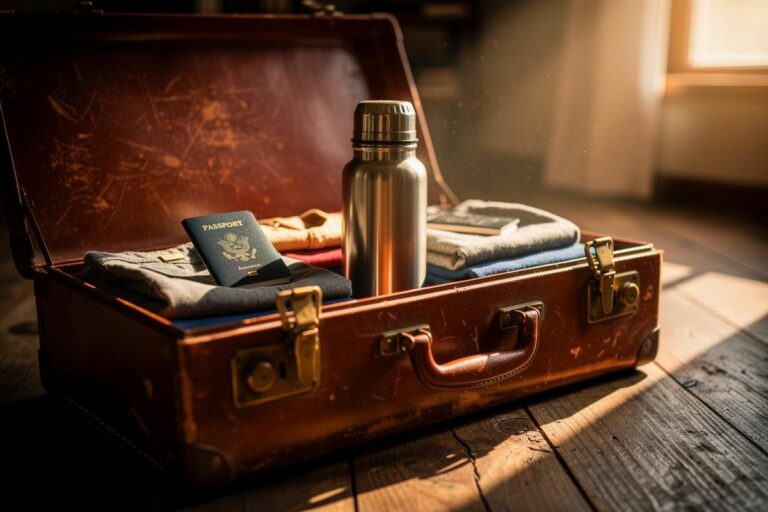 Illustration von einer geöffneten Reisetasche, aus der neben Kleidung eine silberne Thermosflasche herausragt, umgeben von Reisepässen, einer Kamera und einer Landkarte.