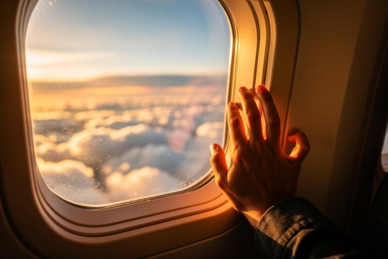 Illustration von einem Flugzeug, das einen kreisförmigen Flugweg über einer Landkarte fliegt, wobei die Start- und Landebahn desselben Flughafens hervorgehoben sind.