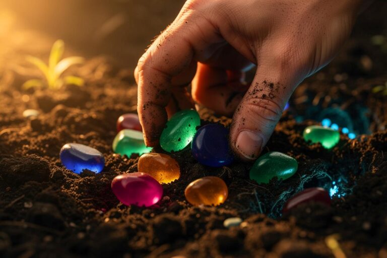 Illustration von farbigen Mikrowellensteinchen, die von einer Hand in sandige Erde gegraben werden, während im Hintergrund stilisierte Bakterien und Moleküle auf eine unsichtbare Wechselwirkung hindeuten.