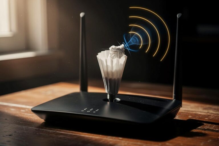 Illustration von einem WLAN-Router mit einem aufgesteckten Kaffeefilter als Antennen-Aufsatz, der Funkwellen symbolisch bündelt.